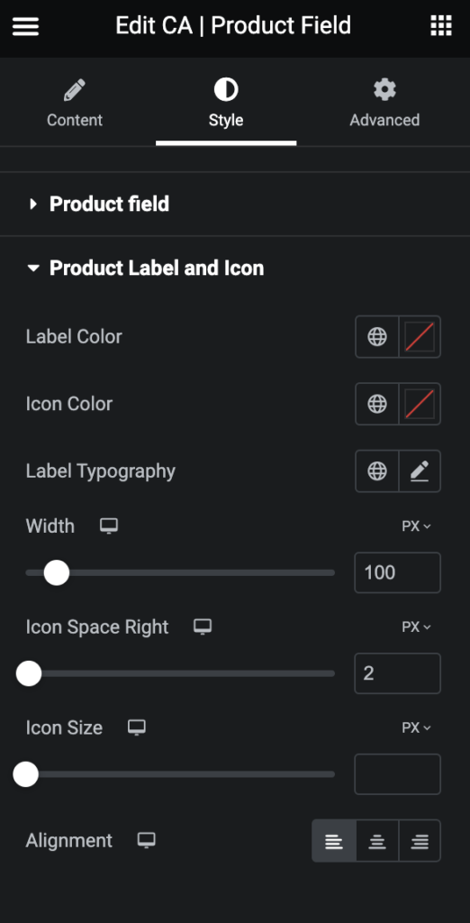 Product field widget, style product label and icon