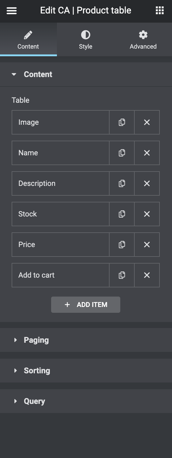 Product table - settings, set content