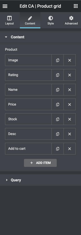 Product grid settings, content