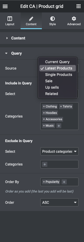 Product grid settings, query
