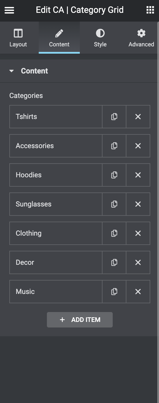 Category grid settings, add categories