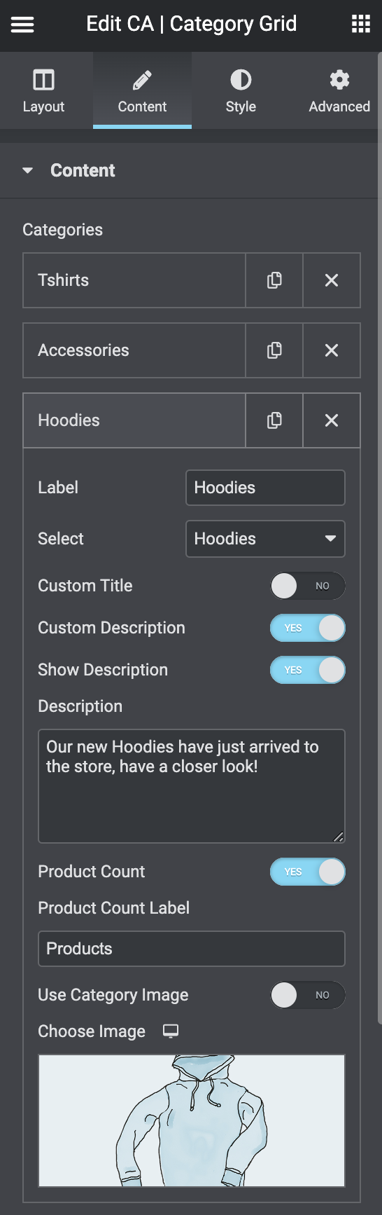 Category grid settings, edit category