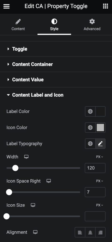 Property toggle, style label and icon