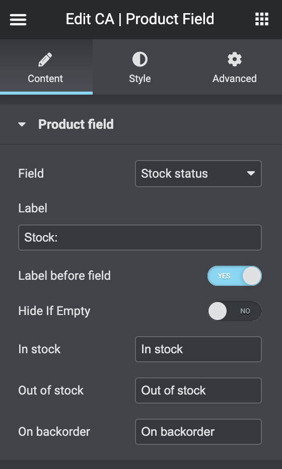 Product field, settings
